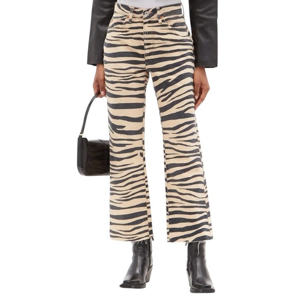 Re/Done 70s Tiger Print Flared-Leg Jeans - Picture 1 of 14